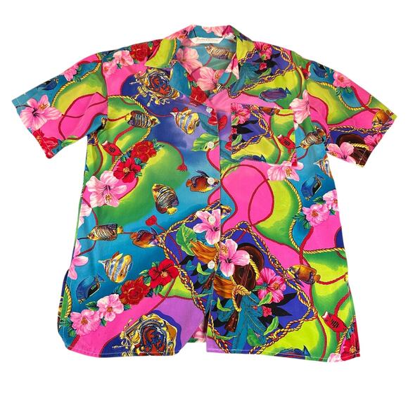 Vintage Bella Camicie Shirt Womens Small Silk Hawaiian Floral Fish Print 90s - Picture 1 of 13